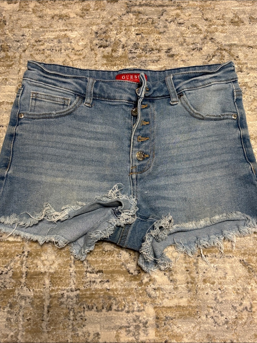 GUESS Light Blue Frayed Denim Button-Front Shorts